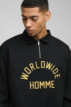 Outlet boohooMAN Oversized Worldwide Applique Half Zip Rugby Polo black