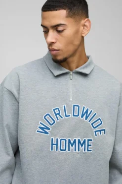 Discount boohooMAN Oversized Worldwide Applique Half Zip Rugby Polo grey