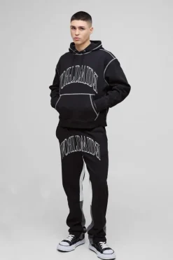 New boohooMAN Oversized Worldwide Contrast Stitch Gusset Tracksuit black