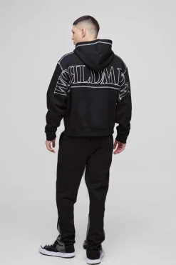 New boohooMAN Oversized Worldwide Contrast Stitch Gusset Tracksuit black