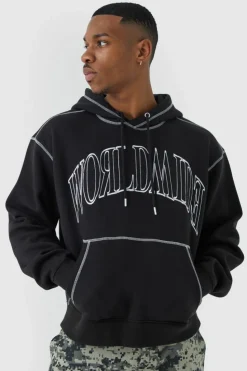 Flash Sale boohooMAN Oversized Worldwide Contrast Stitch Hoodie black