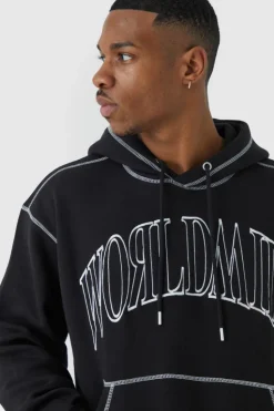 Flash Sale boohooMAN Oversized Worldwide Contrast Stitch Hoodie black