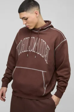 Fashion boohooMAN Oversized Worldwide Contrast Stitch Hoodie chocolate