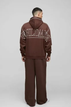 Fashion boohooMAN Oversized Worldwide Contrast Stitch Hoodie chocolate