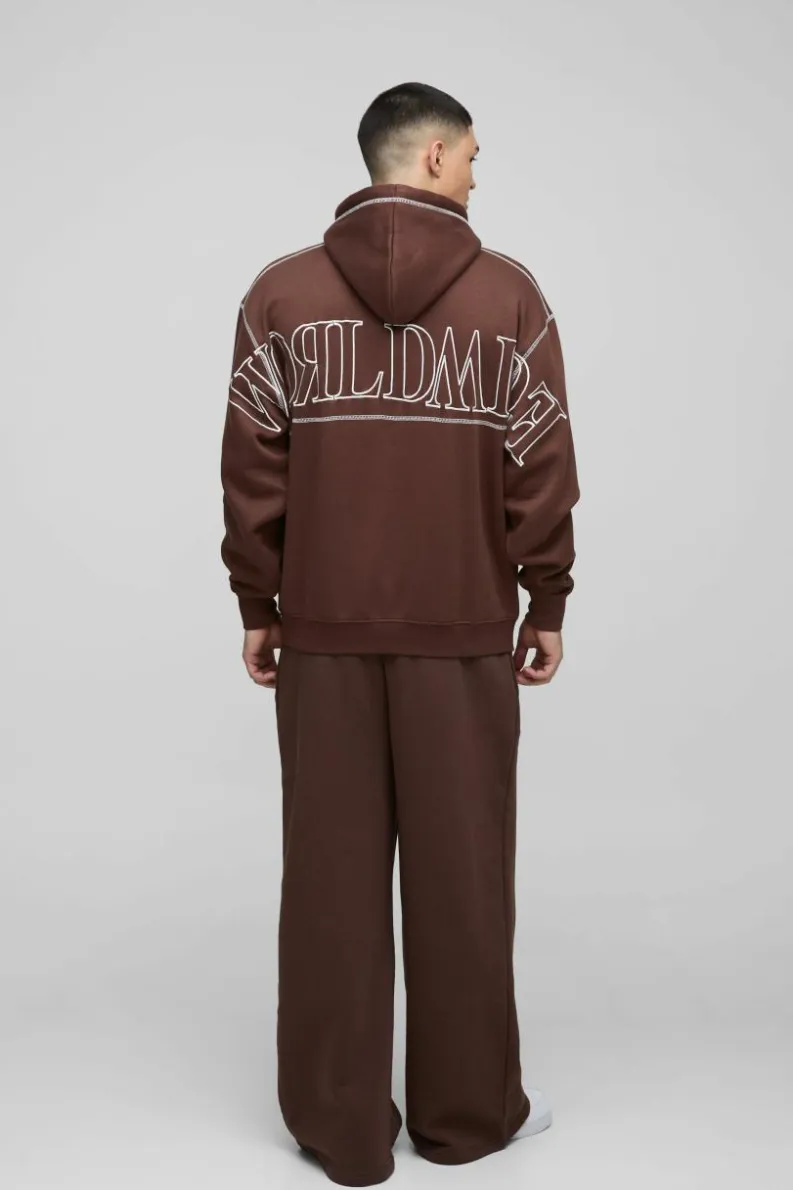 Fashion boohooMAN Oversized Worldwide Contrast Stitch Hoodie chocolate