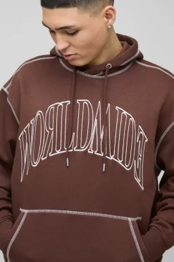 Fashion boohooMAN Oversized Worldwide Contrast Stitch Hoodie chocolate