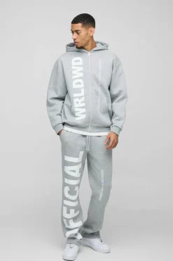 Store boohooMAN Oversized Worldwide Official Text Print Zip Through Tracksuit grey marl