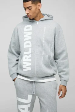 Store boohooMAN Oversized Worldwide Official Text Print Zip Through Tracksuit grey marl