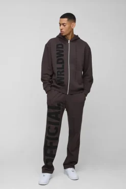 Outlet boohooMAN Oversized Worldwide Official Text Print Zip Through Tracksuit brown