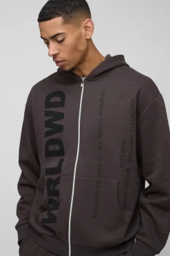 Outlet boohooMAN Oversized Worldwide Official Text Print Zip Through Tracksuit brown