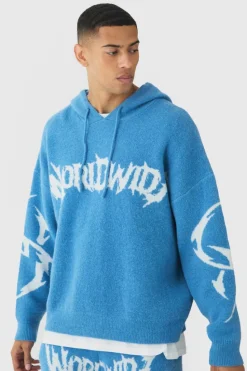 New boohooMAN Oversized Worldwide Skeleton Knitted Hoodie blue