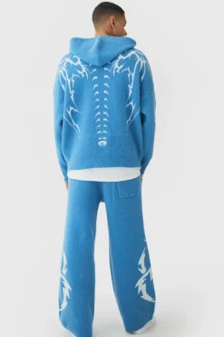 New boohooMAN Oversized Worldwide Skeleton Knitted Hoodie blue