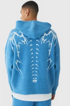 New boohooMAN Oversized Worldwide Skeleton Knitted Hoodie blue