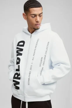 Store boohooMAN Oversized Worldwide Text Zip Through Hoodie white