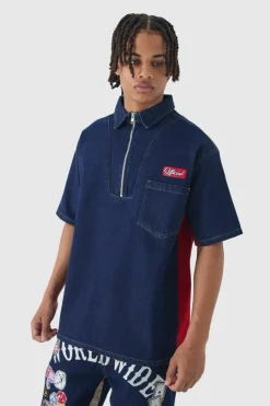 Cheap boohooMAN Oversized Zip Through Badge Denim Shirt indigo