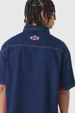 Cheap boohooMAN Oversized Zip Through Badge Denim Shirt indigo