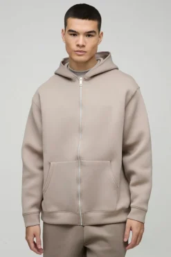 Fashion boohooMAN Oversized Zip Through Bonded Scuba Hoodie taupe
