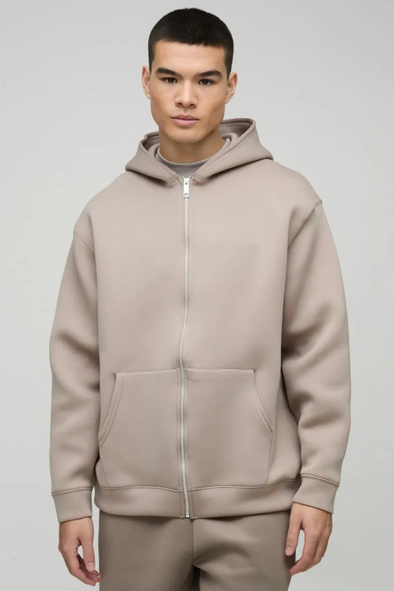 Fashion boohooMAN Oversized Zip Through Bonded Scuba Hoodie taupe