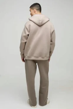Fashion boohooMAN Oversized Zip Through Bonded Scuba Hoodie taupe