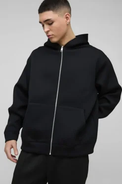 Online boohooMAN Oversized Zip Through Bonded Scuba Hoodie black