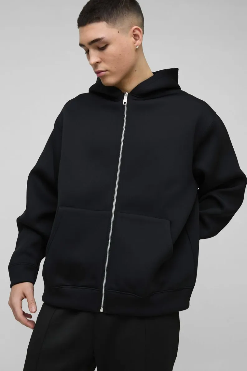 Online boohooMAN Oversized Zip Through Bonded Scuba Hoodie black