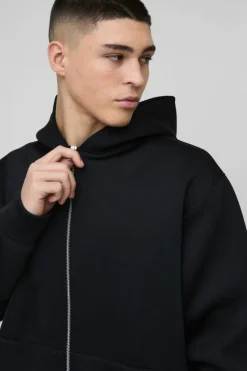 Online boohooMAN Oversized Zip Through Bonded Scuba Hoodie black