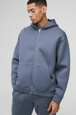 Flash Sale boohooMAN Oversized Zip Through Bonded Scuba Hoodie slate