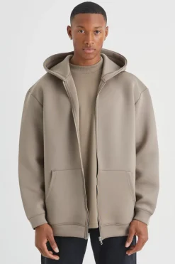 Online boohooMAN Oversized Zip Through Bonded Scuba Hoodie taupe