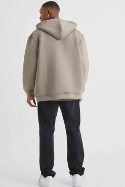 Online boohooMAN Oversized Zip Through Bonded Scuba Hoodie taupe