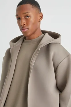 Online boohooMAN Oversized Zip Through Bonded Scuba Hoodie taupe