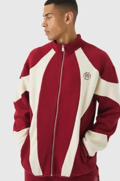 Sale boohooMAN Oversized Zip through Colour Block Polar Fleece Jacket burgundy