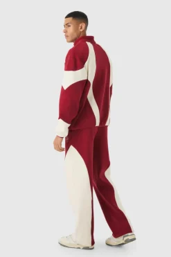 Sale boohooMAN Oversized Zip through Colour Block Polar Fleece Jacket burgundy