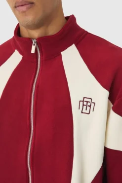 Sale boohooMAN Oversized Zip through Colour Block Polar Fleece Jacket burgundy