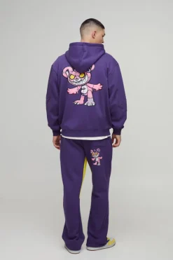 New boohooMAN Oversized Zip Through Evil Teddy Printed Applique Hooded Tracksuit purple