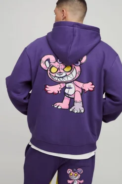 New boohooMAN Oversized Zip Through Evil Teddy Printed Applique Hooded Tracksuit purple
