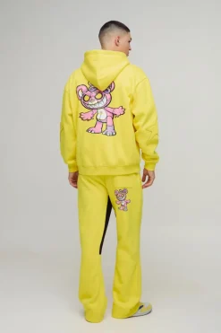 Sale boohooMAN Oversized Zip Through Evil Teddy Printed Applique Hooded Tracksuit yellow