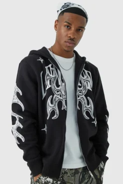 Best Sale boohooMAN Oversized Zip Through Limited Graphic Hoodie black