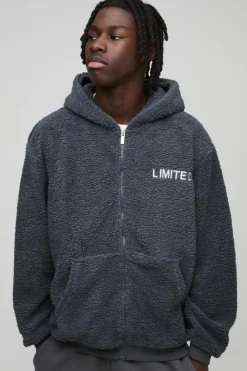 Fashion boohooMAN Oversized Zip Through Limited Edition Teddy Borg Hoodie charcoal
