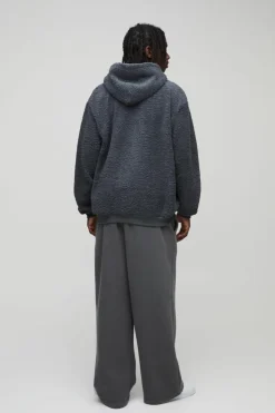 Fashion boohooMAN Oversized Zip Through Limited Edition Teddy Borg Hoodie charcoal