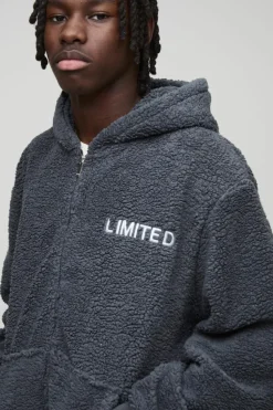 Fashion boohooMAN Oversized Zip Through Limited Edition Teddy Borg Hoodie charcoal