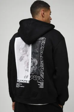 Store boohooMAN Oversized Zip Through Monochrome Floral Print Hoodie black