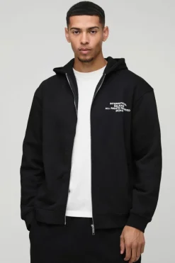 Store boohooMAN Oversized Zip Through Monochrome Floral Print Hoodie black