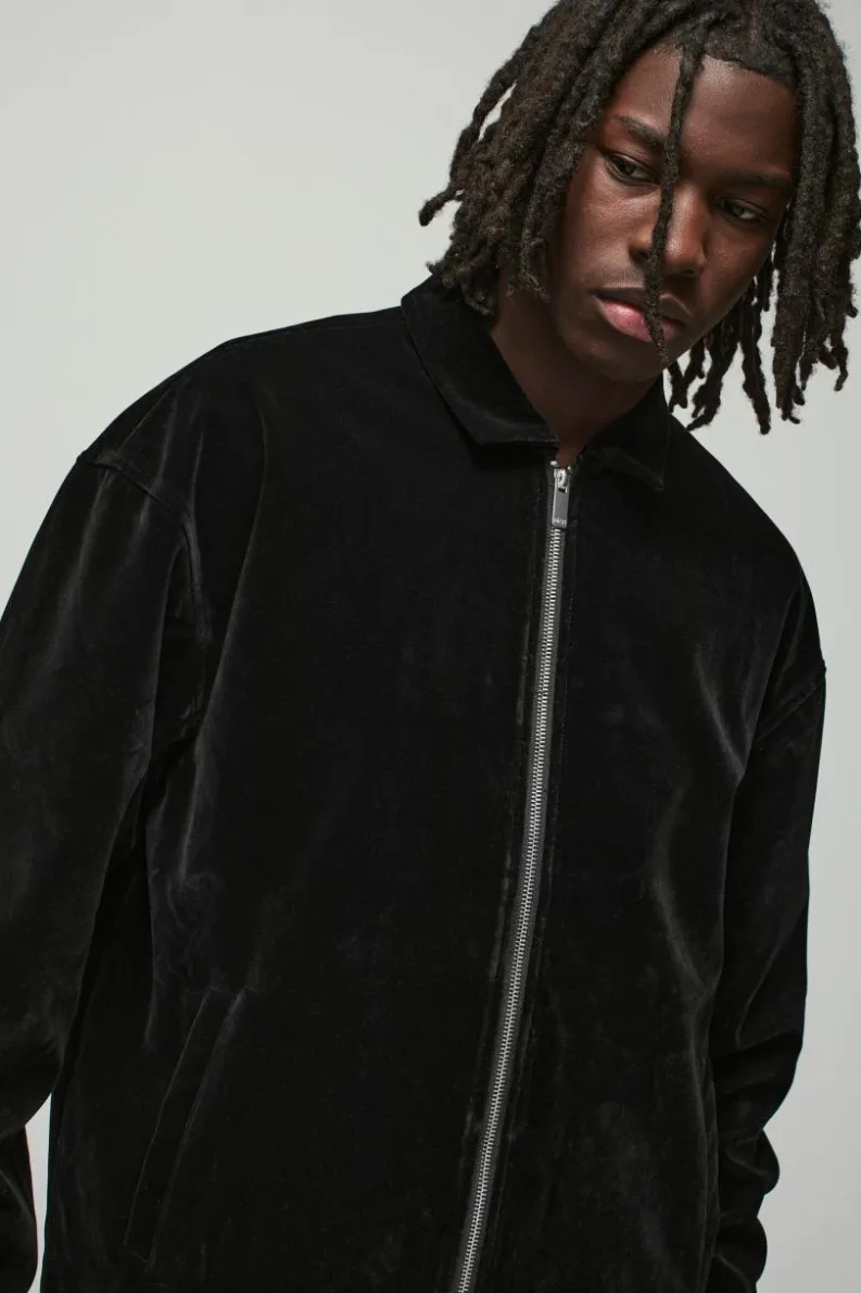 Best boohoo Oversized Zip Through Velour Overshirt & Trouser Set black
