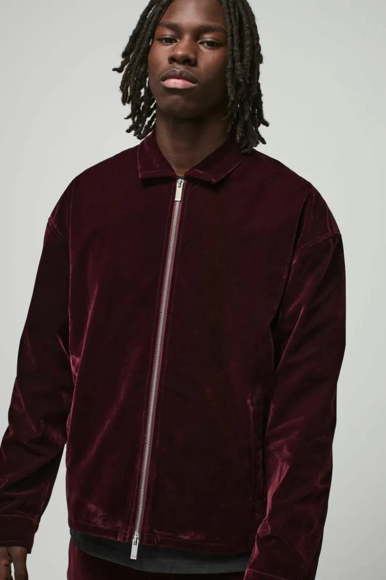 Hot boohoo Oversized Zip Through Velour Overshirt & Trouser wine