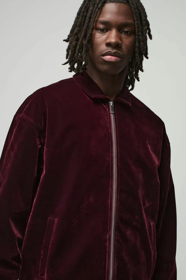 Hot boohoo Oversized Zip Through Velour Overshirt & Trouser wine