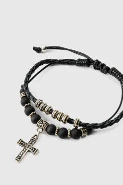 Cheap boohooMAN 2 Pack Adjustable Cross Pendant Bracelets In black