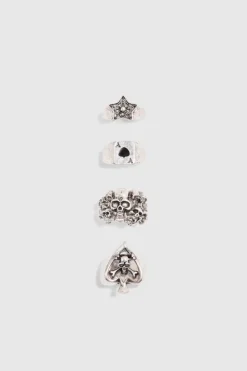 Fashion boohooMAN 4 Pack Casino Style Rings in silver
