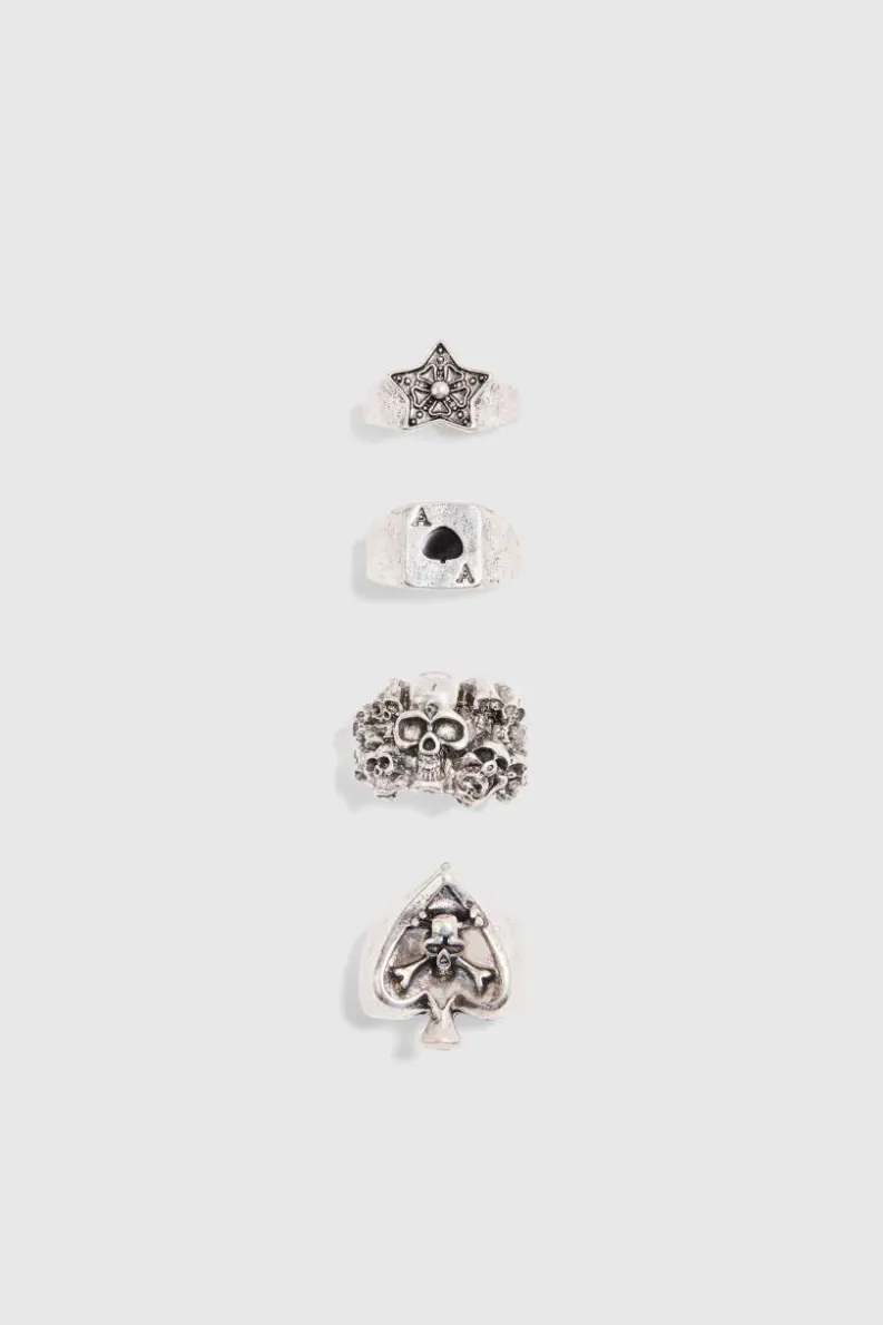 Fashion boohooMAN 4 Pack Casino Style Rings in silver