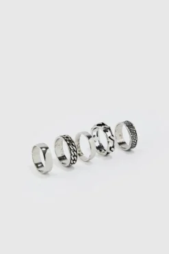 Discount boohooMAN 5 Pack Chain Detail Rings silver