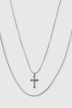 Clearance boohooMAN 2 Pack Cross Pendant Necklace In silver